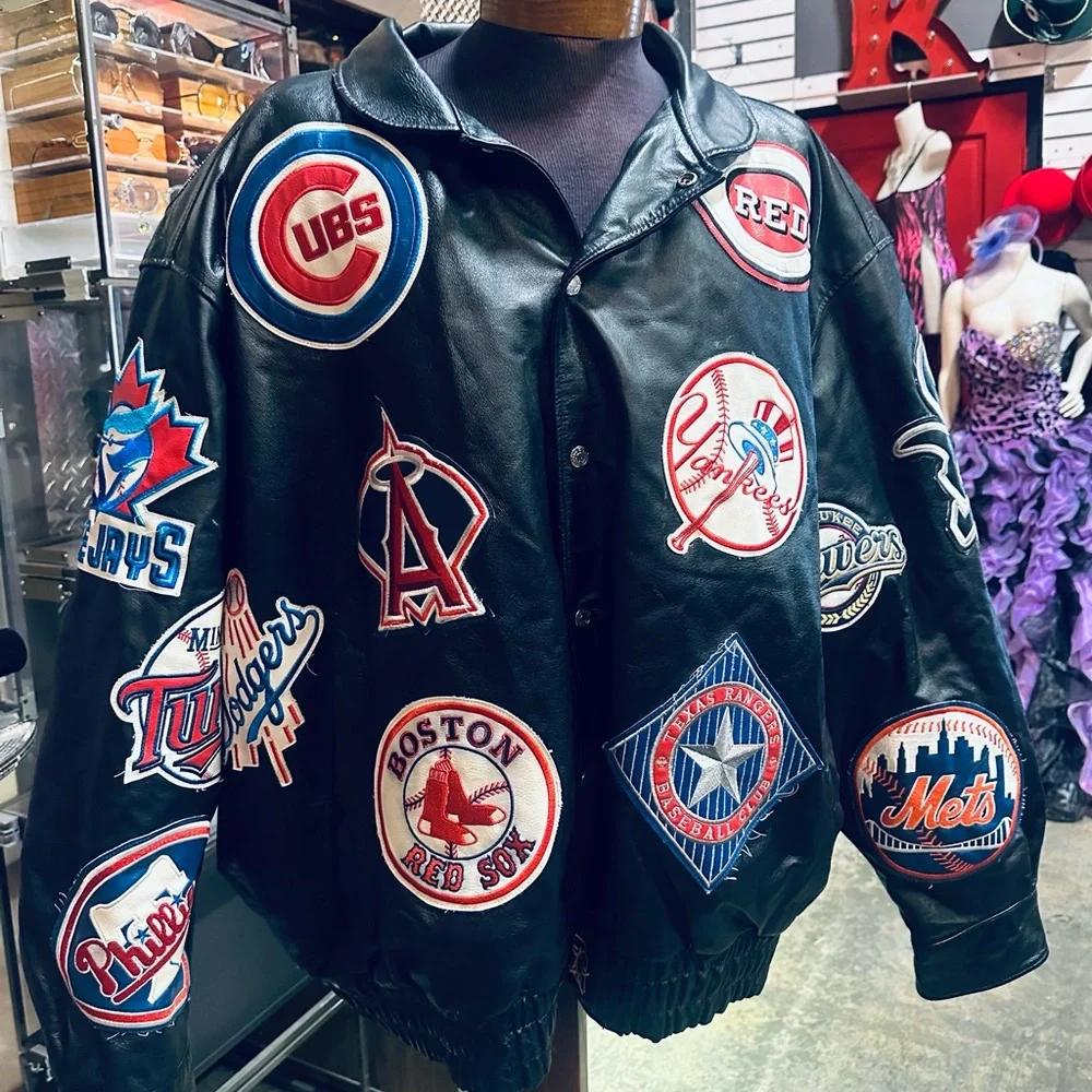 JH Design Vintage MLB Baseball Team All Over Patch Black Leather Jacket